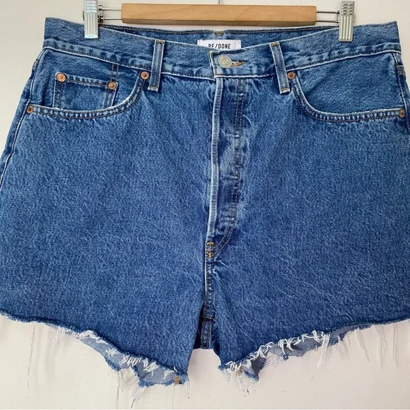 RE/DONE Denim 90s Crop Low Slung Button Fly Boyfriend Short Bleu Mere Blue Sz 30 - Picture 5 of 13